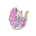 Detail of pink enamel baby stroller charm with cartoon cat and blue heart gemstone - Dreamy Baby Carriage Bead