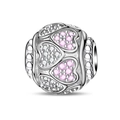 Silver bead charm with hollow heart patterns and pink cubic zirconia for bracelets - Hollow Heart Style (PAC1714)