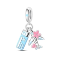 Travel charm with silver airplane and pink cherry blossom enamel for charm bracelets - Paris Flight Bead