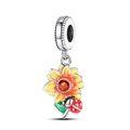 Detailed view of sunflower charm with ladybug and orange crystal in silver plating - Sunflower Charm Style (PAC538)