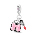 Silver charm featuring a chic plaid handbag with pink bow and a red lipstick pendant - Fashion Bag And Lipstick Style (PAC1711)