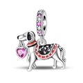 Silver dachshund charm with pink heart crystal and red enamel details for bracelets - Gift Puppy Pendant