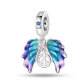 Silver pendant charm with colorful enamel wings, pink heart zircon and peace symbol - Guardian Wings Pendant