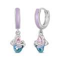 Detailed view of silver mermaid tail drop earrings with pink gems and blue enamel scales - Gradient Mermaid Tail (PAE436) / PAE436-Mermaid Earrings