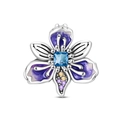 Close-up of iris flower charm with blue gemstone and purple enamel petals in silver - Romantic Iris Bead (PAC1827)