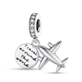 Silver airplane charm with Travel around the world engraving and sparkling crystals - Travel Vacation - Travel Around The World Airplane Disc Charm