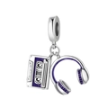 Silver music charm with purple enamel tape and headphones for DIY bead bracelets - Headphones And Cassette Tape Pendant (OTC1070)