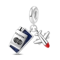 Silver travel charm featuring a blue enamel passport and a realistic airplane pendant - Pac989 - Travel Series - Passport & Airplane Two-piece Set