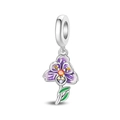 Detailed view of silver pansy charm with purple enamel and vibrant orange center gemstone - Purple Iris Pendant (PAC1829)