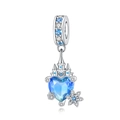 Silver European castle charm with heart-shaped blue crystal and snowflake detail - Blue Heart Snowflake Castle Pendant (OTC1036)
