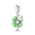 Detailed view of silver clover charm with green enamel and Lucky heart engraving - Lucky Four Leaf Clover Pendant (PAC1853)