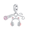 Silver music charm with pink crystal microphone, headphones, and musical note - Cat Headphones Microphone Music Pendant (OTC1039)