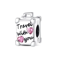 Silver suitcase travel charm with pink heart crystals and Travel With You engraving - Simple Travel Suitcase Bead (PAC577)