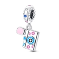 Silver camera charm with colorful enamel flowers and pavé zircon beads for DIY bracelets - Blue Travel Camera Charm (PAC548)