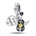 Silver guitar charm with black enamel, angel wings and I Love Music engraving - Punk Guitar Charm (PAC802)