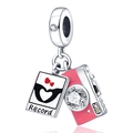 Pink enamel camera and photo frame charm with zircon for DIY silver bracelets - Pink Camera Charm (PAC080)
