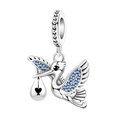 Silberner Storch-Charm mit blauen Kristallen und Herzbündel für DIY-Armbänder - Glücksvogel Anhänger (OTC1319)