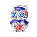 Detailed view of silver owl bead with blue graduation cap and red enamel apple - Owl Graduate Bead (PAC1863)