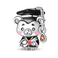 Detailed close-up of a silver graduation bear charm with colorful enamel and a red heart - Bear Graduate Bead (PAC1864)