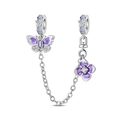 Dettaglio macro della catena di sicurezza a farfalla in argento con smalto viola e cristalli - Catena di Sicurezza Farfalla Fiore (PAC1856)