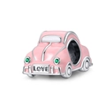 Pink enamel beetle car charm with green gemstone headlights and LOVE engraving - Romantic Travel Pink Car Bead