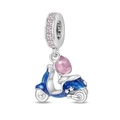 Blue star enamel scooter charm with pink cubic zirconia and sparkly sequin globe - Romantic Travel Scooter