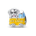 Silver dog in yellow truck charm with My Love engraving and enamel details - Romantic Travel Wagon Bead
