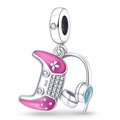 Charm manette de jeu et casque bleu avec émail rose et zircons blancs sur métal argenté - Ensemble Console Écouteurs (PAC313)