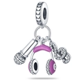 Charm musical en argent avec casque émail violet et microphone en zircon pour bracelets - Trio de Notes Écouteurs (PAC231)