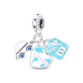 Silver travel charm with car, pink Earth heart, and blue suitcase for bracelets - Blue Travel Car Suitcase