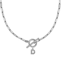 Collar de eslabones plateado con colgante letra D de circonita y cierre de barra T - Plateado - D