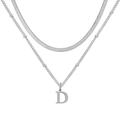 Zilveren gelaagde ketting met slangenschakel en kralenketting met een letter D hanger - Letter D / Zilver