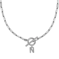 Collar de clip plateado con colgante de letra N en circonitas y cierre de barra en T - Plateado - N