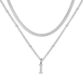 Collier double couche argenté avec chaîne serpent et un pendentif initiale I - Lettre I / Argent