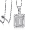 18K silver finish rectangular pendant necklace with engraved letter T and textured border - Letter T / Steel