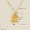 Detail view of golden sunflower pendant necklace with dimensions and freshwater pearl - Sunflower