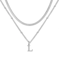 Collier argenté à double rangée avec chaîne serpent et pendentif lettre L en acier - L / Argent