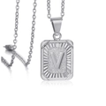 Silver square letter V pendant necklace with matte texture on minimalist link chain - Letter V / Steel