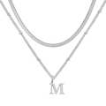 Collier argenté double rang avec chaîne serpent, perles et pendentif lettre M - M / Argent