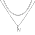Collier double couche en acier argenté avec chaînes fines et pendentif lettre N poli - Lettre N / Argent