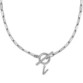 Collar de clip plateado con colgante de letra V de circonitas y cierre de barra T - Plateado - V