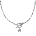 Collar de cadena de clip plateado con colgante de letra W de circón y cierre de barra - Plateado - W