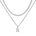 Collier double épaisseur argenté avec chaîne serpent plate et pendentif lettre R poli - Lettre R / Argent