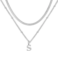Collier double épaisseur argenté avec chaîne serpent, chaîne à billes et pendentif S - S / Argent