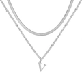 Collier double couche argenté avec chaîne serpent et pendentif lettre V femme - Lettre V / Argent