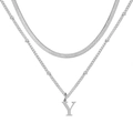 Collier à deux rangs argenté avec chaîne serpent et pendentif lettre Y à perles rondes - Lettre Y / Argent
