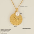 Gold stainless steel compass necklace with 9mm freshwater pearl pendant and bead chain - Compass