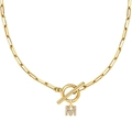 Collar de cadena de clip dorado con colgante de letra M de circonita y cierre de palanca en T - Dorado - M