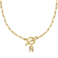 Collar de cadena paperclip dorado con colgante letra N de circón y cierre de barra - Dorado - N