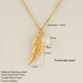 Golden stainless steel wing necklace with freshwater pearl and detailed dimensions info - Wing